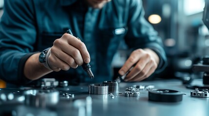 A focused individual meticulously assembling mechanical components on a workbench, showcasing attention to detail and craftsmanship.