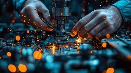 A technician works on a complex circuit board, manipulating tools amidst glowing sparks, highlighting precision in electronics and technology.