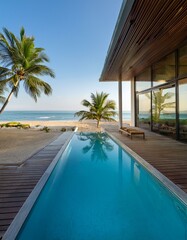 Fototapeta premium Architecture of a beach house with a pool, interior view - directly by the sea, with palm trees and coconuts - modern and with glass.
