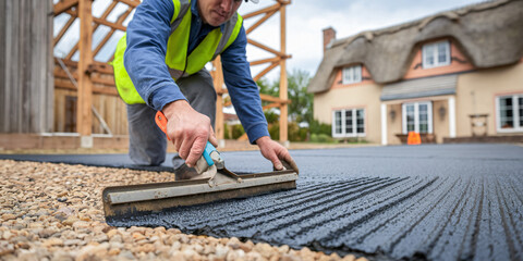  Professional Paving Work in Progress. A skilled construction worker is meticulously applying a layer of asphalt or tarmac during a paving project. 