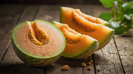 Cantaloupe melon sliced on wooden background