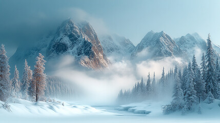 Obraz premium Snowy, misty mountains with a valley of trees below. A cold, serene landscape.