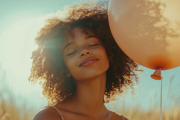 Naklejka premium Joyful young woman with curly hair enjoying sunshine holding a balloon outdoors