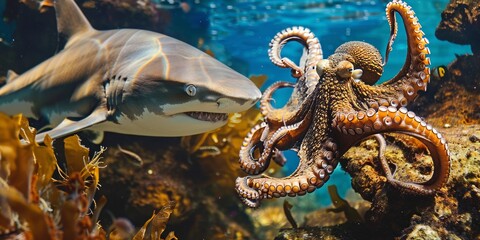 Fototapeta premium Shark vs octopus in an underwater battle 