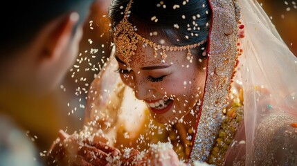 Fototapeta premium Happy wedding photography of bride and groom at wedding ceremony. Wedding tradition sprinkled with rice and grain