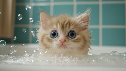 A fluffy kitten playfully explores the warm bubbles in its bathtub