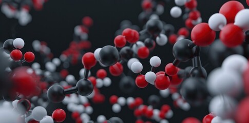 molecular structure, chemistry, abstract background, colorful spheres representing atoms in black, red, and white against a dark backdrop, illustrating scientific concepts and connections