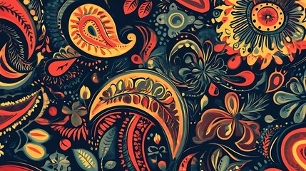 Abstract Floral Pattern with Paisley Motifs and Swirls