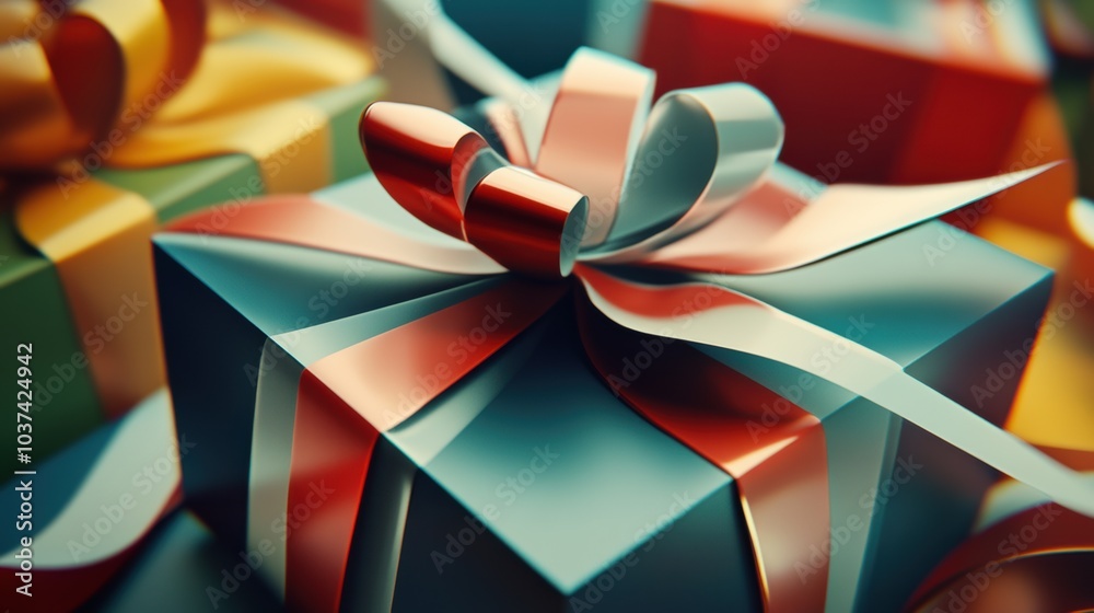 Poster vibrant shapes mimic wrapped gift boxes adorned with ribbons and bows, creating a cheerful atmospher