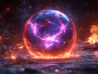 Obraz premium Radiant Cosmic Sphere with Glowing Orb and Vibrant Colors in Surreal Fantasy Landscape