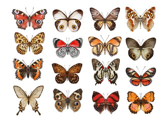 Watercolor colorful butterflies, isolated on white background. brown, yellow and red butterfly spring