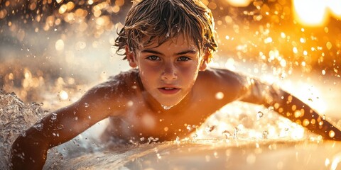Young boy surfing at sunset: capturing the thrill of summer adventure