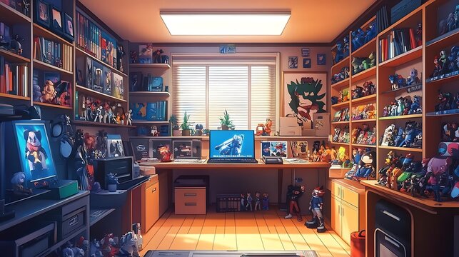 Anime Collector s Room with Computer  Bookshelves and Figures