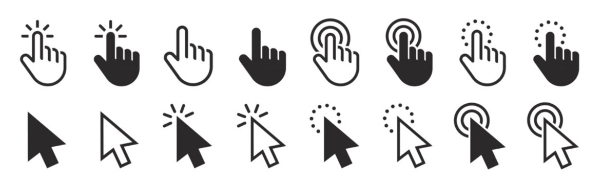Computer mouse click cursor icon set. Hand and arrow pointer cursor - stock vector.