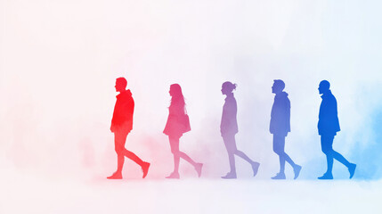Obraz premium image depicts series of human silhouettes growing larger and transitioning in color from red to blue, symbolizing growth and change
