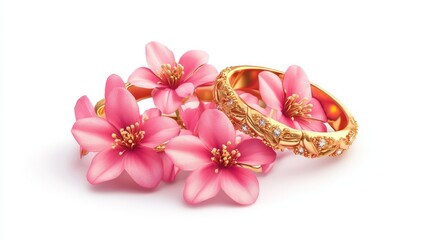 Pink flowers and two golden wedding rings on white background.