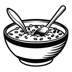 Oatmeal porridge in a white bowl with a spoon. Vector cartoon flat illustration of healthy food.