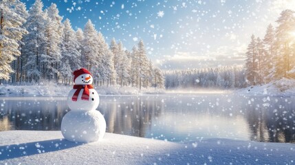Fototapeta premium Snowman by the Frozen Lake