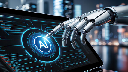Robot hand on futuristic AI icon to check correct data utilizing RPA function software program to help proof and detect and synchronize with system for future business technology
