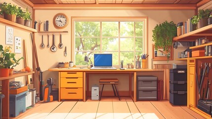 Sunny Home Office Workspace with Laptop  Desk and Window View