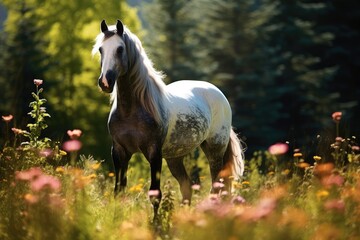 The horse stands majestically in a lush meadow full of blooming wildflowers under the clear blue sky enjoying the warmth of the sun