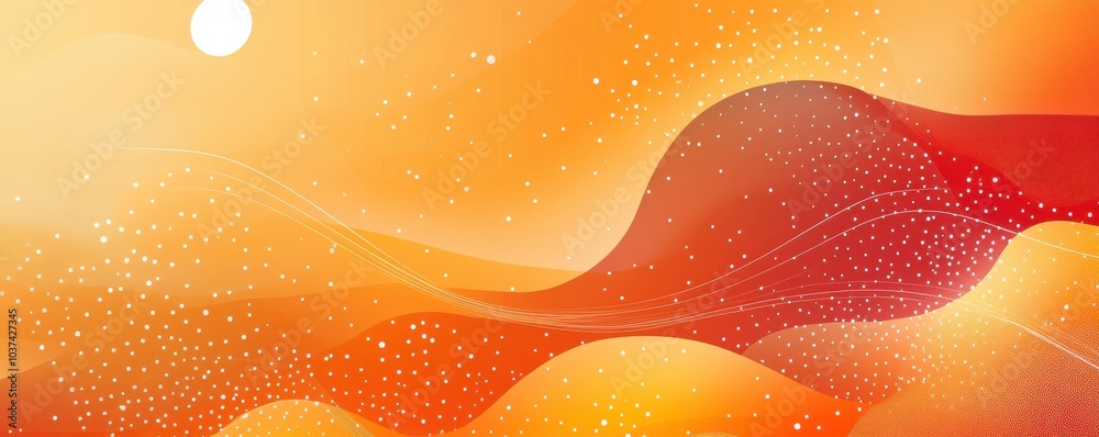 Wall mural abstract digital art featuring vibrant waves and glowing particles with a warm gradient background r