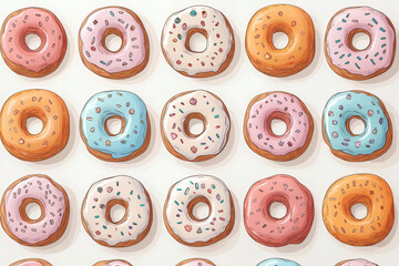 Colorful donut pattern on a light background showcasing various designs and shapes with playful, whimsical elements 