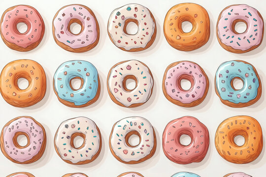 Colorful donut pattern on a light background showcasing various designs and shapes with playful, whimsical elements
