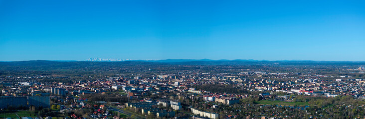 Panorama from above of Tarnów at the foothill of the Tatra Mountains covered in snow