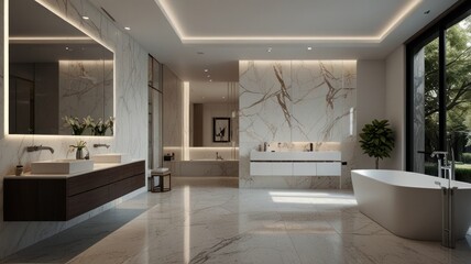Fototapeta premium A modern and luxurious bathroom with a stunning white bathtub as its centerpiece. The walls are decorated with elegant marble tiles. The bathroom is flooded with natural light.