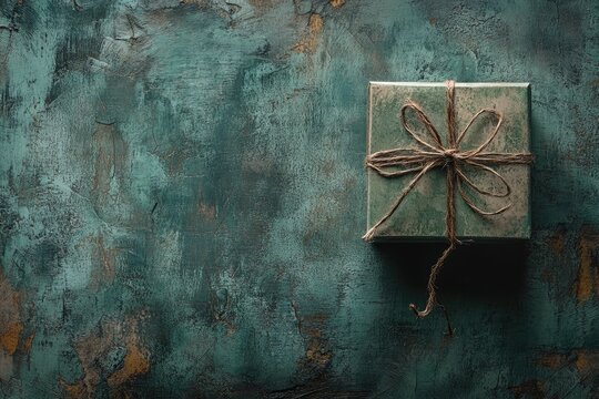 A Rustic Green Gift Box Tied with Twine on a Weathered Surface