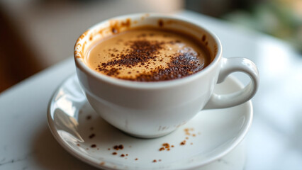 Obraz premium Rich coffee with frothy crema in a cozy café setting