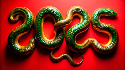 Fototapeta premium Striking 2025 New Year display formed by green snakes on a vibrant red background, ideal for Asian New Year celebrations and bold marketing visuals