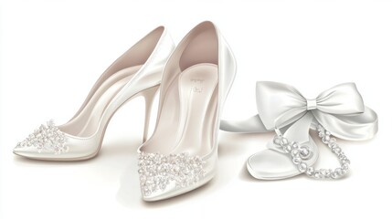Wedding shoes and accessories on white background