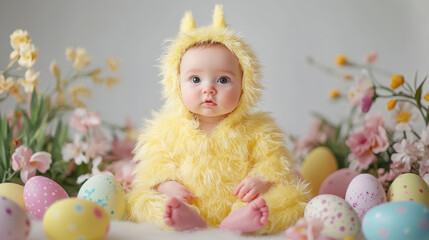 Adorable baby in yellow fuzzy costume surrounded by colorful easter eggs and flowers
