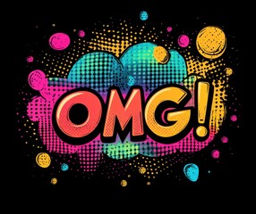 Comic style OMG text illustration with colorful dots and pop art design on black background
