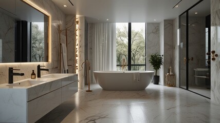 Fototapeta premium A modern and luxurious bathroom with a stunning white bathtub as its centerpiece. The walls are decorated with elegant marble tiles. The bathroom is flooded with natural light.