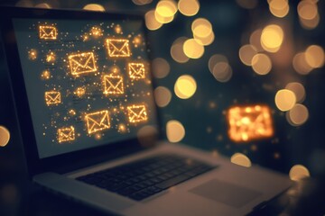 Laptop Screen with Glowing Email Icons and Bokeh Lights