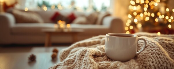 Cozy Christmas scene with warm blankets and hot cocoa by the fireplace for a festive holiday atmosphere