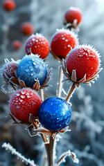 Fototapeta premium frozen flowers and Christmas toys on a frosty day in the snow