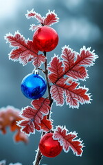 frozen flowers and Christmas toys on a frosty day in the snow
