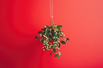 A sprig of mistletoe with white berries hanging from a string against a red background
