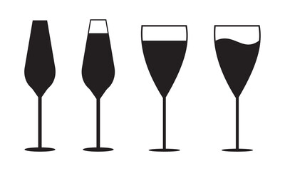 Glass-cheers icon set. Champagne glass, New Year wineglass, and party cheers symbols.