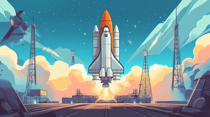 Naklejka premium Space rocket on the launch pad. Starship Launch. Illustration