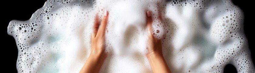 Fototapeta premium Hands immersed in soft, bubbling foam create a serene, relaxing atmosphere.