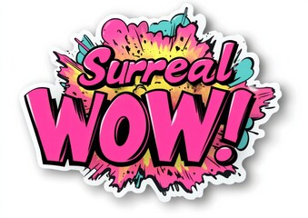 Fototapeta premium Colorful comic-style artwork featuring 'Surreal Wow' text in pink and yellow with splash effects