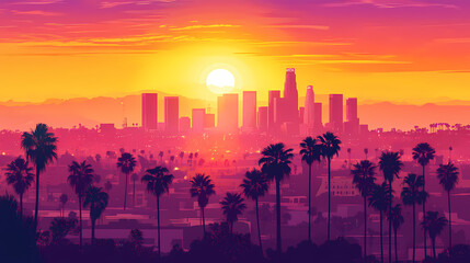 Stunning sunset over los angeles skyline with palm trees. Sunset Over Horizon. Illustration