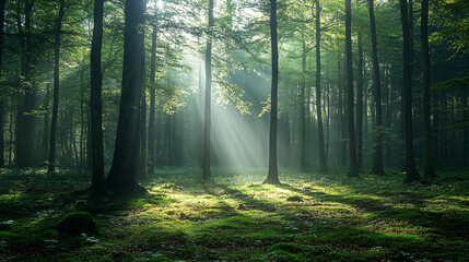 Naklejka premium A misty forest scene at dawn, with shadows playing on the ground and the light beginning to break.