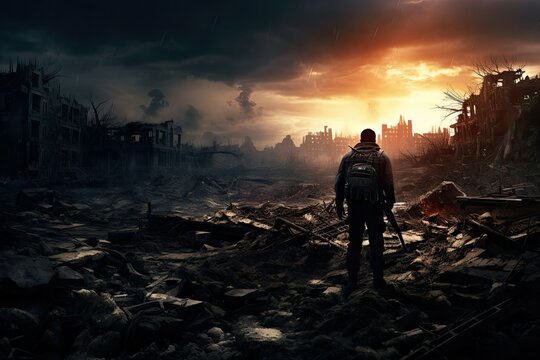 As twilight descends a lone person surveys the remains of a city destroyed by conflict contemplating the profound loss and destruction