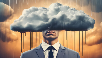 Cloudy thoughts of businessman. Man standing inside head, under cloud with rain, symbolizing mental exhaustion and stress associated with work. Contemporary art. Concept of psychology, mental ..